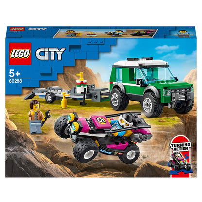 LEGO City Race Buggy Transporter Toy Truck 60288 with SUV, trailer, buggy, and minifigures for creative play.
