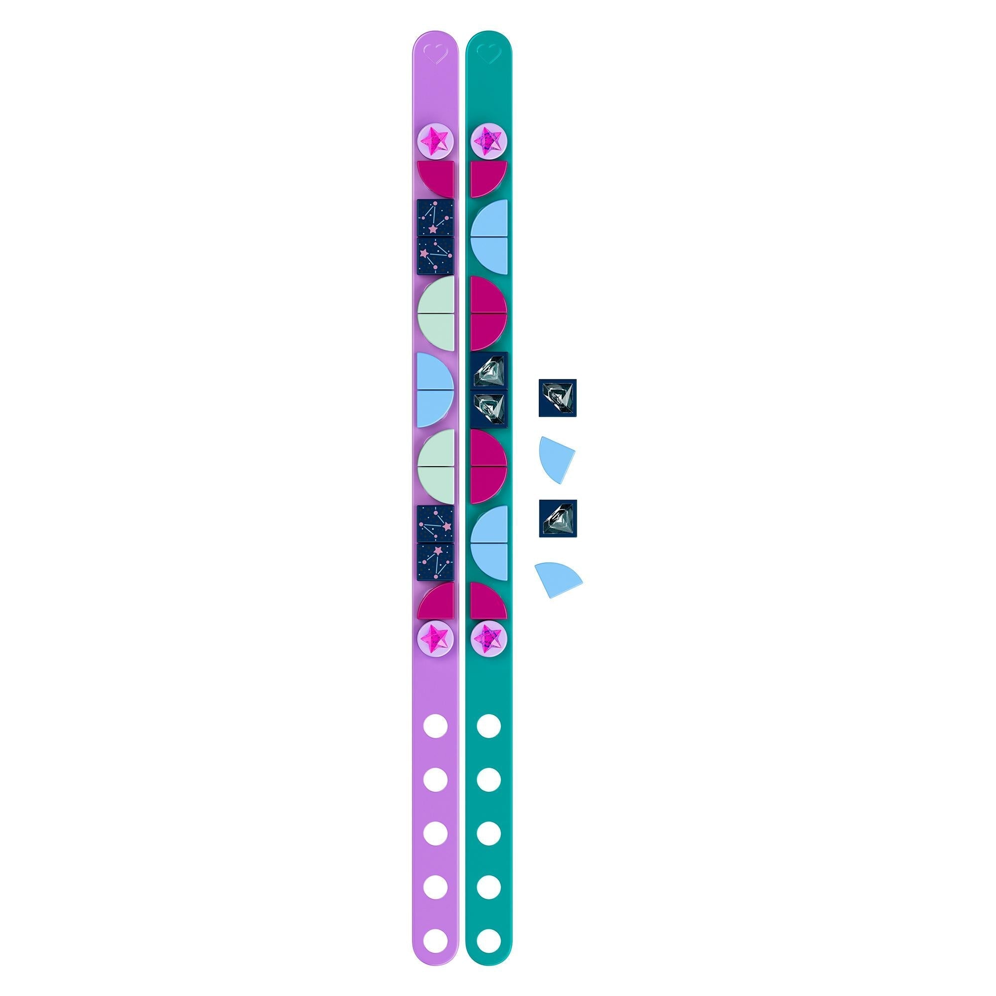 LEGO DOTS Starlight Bracelets Set 41934 featuring teal and purple bracelets with celestial tiles for creative play.