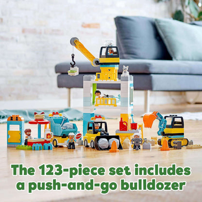 LEGO DUPLO Town Tower Crane & Construction Set 10933 showing 123-piece set with vehicles and characters for role-play.