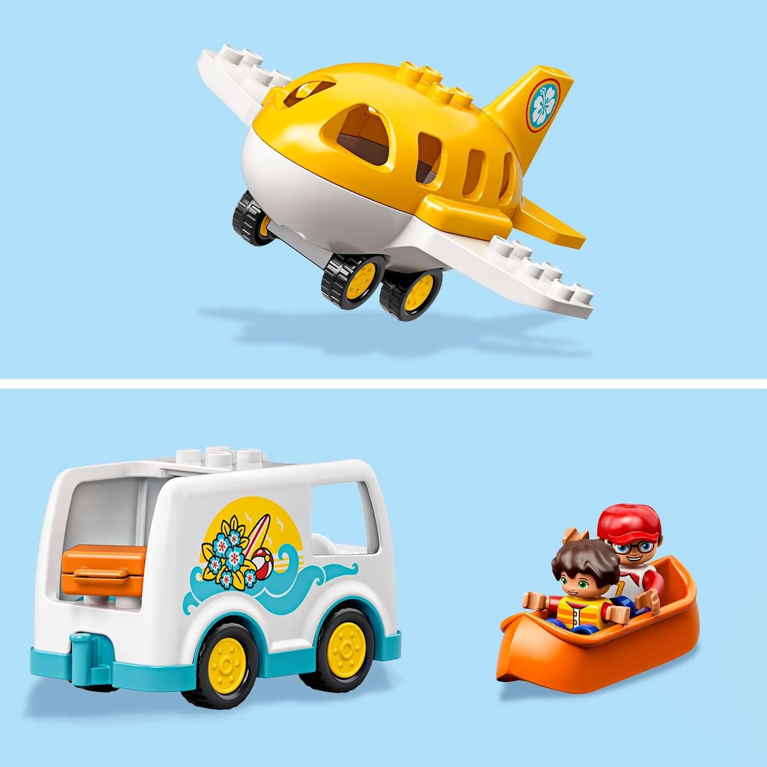 LEGO® DUPLO Town World Animals set includes a yellow airplane, vehicle, and two playful characters for toddlers.