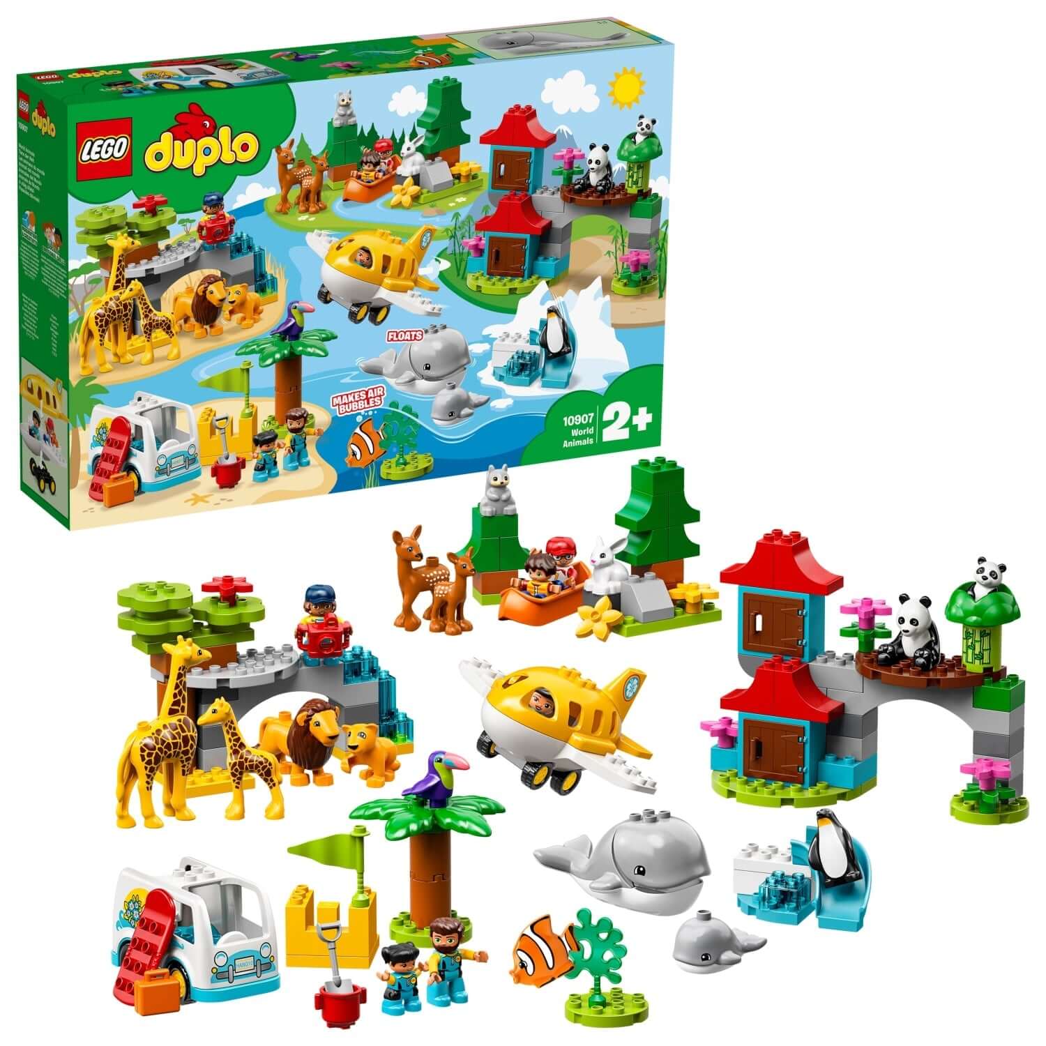 Colorful LEGO® DUPLO Town World Animals 10907 set, featuring 15 animals, vehicles, and buildable environments for toddlers.