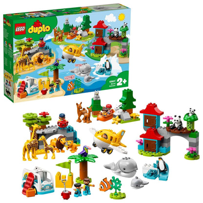 Colorful LEGO® DUPLO Town World Animals 10907 set, featuring 15 animals, vehicles, and buildable environments for toddlers.