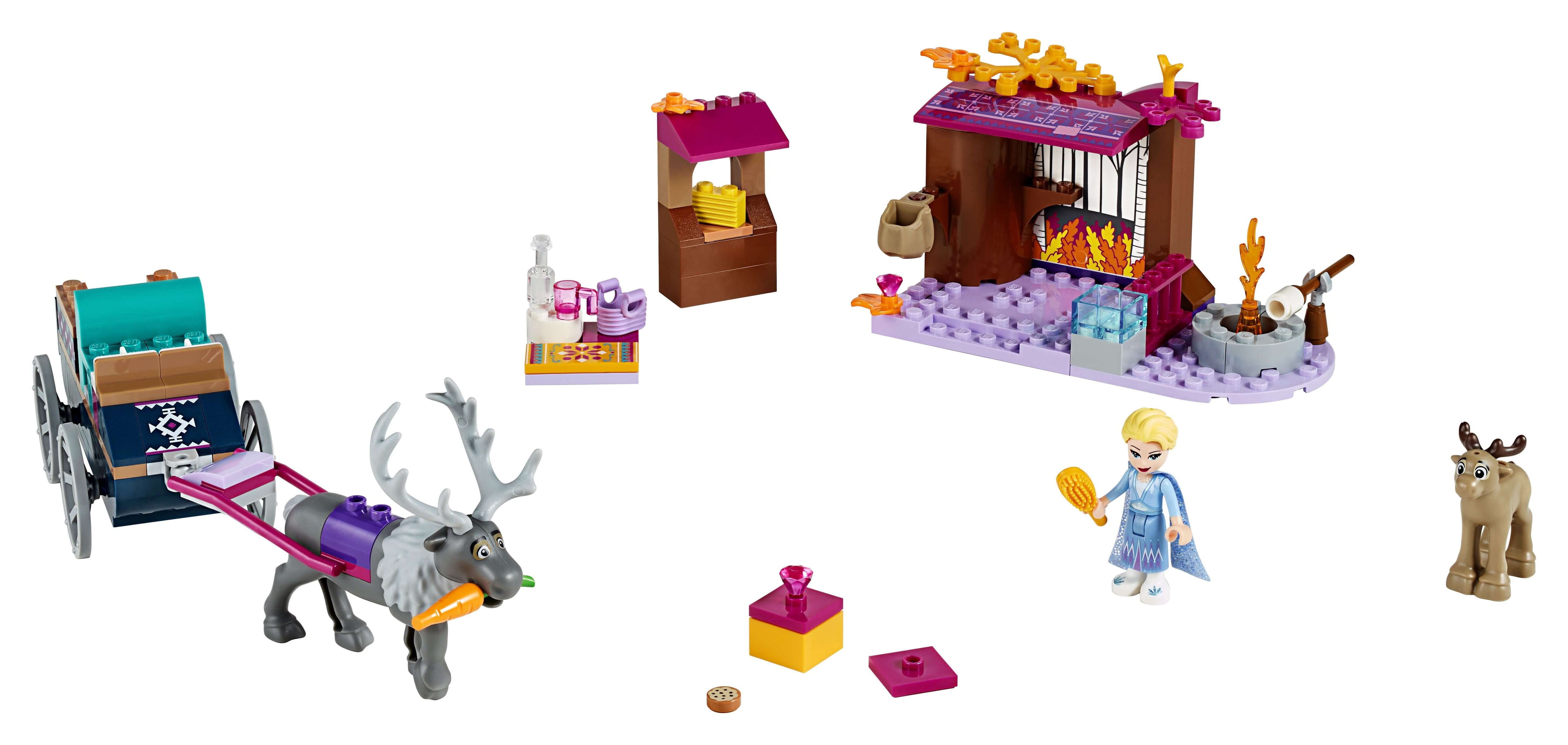 LEGO Disney Frozen 2 Elsa's Wagon Adventure set with Elsa, Sven, wagon, and colorful build elements.