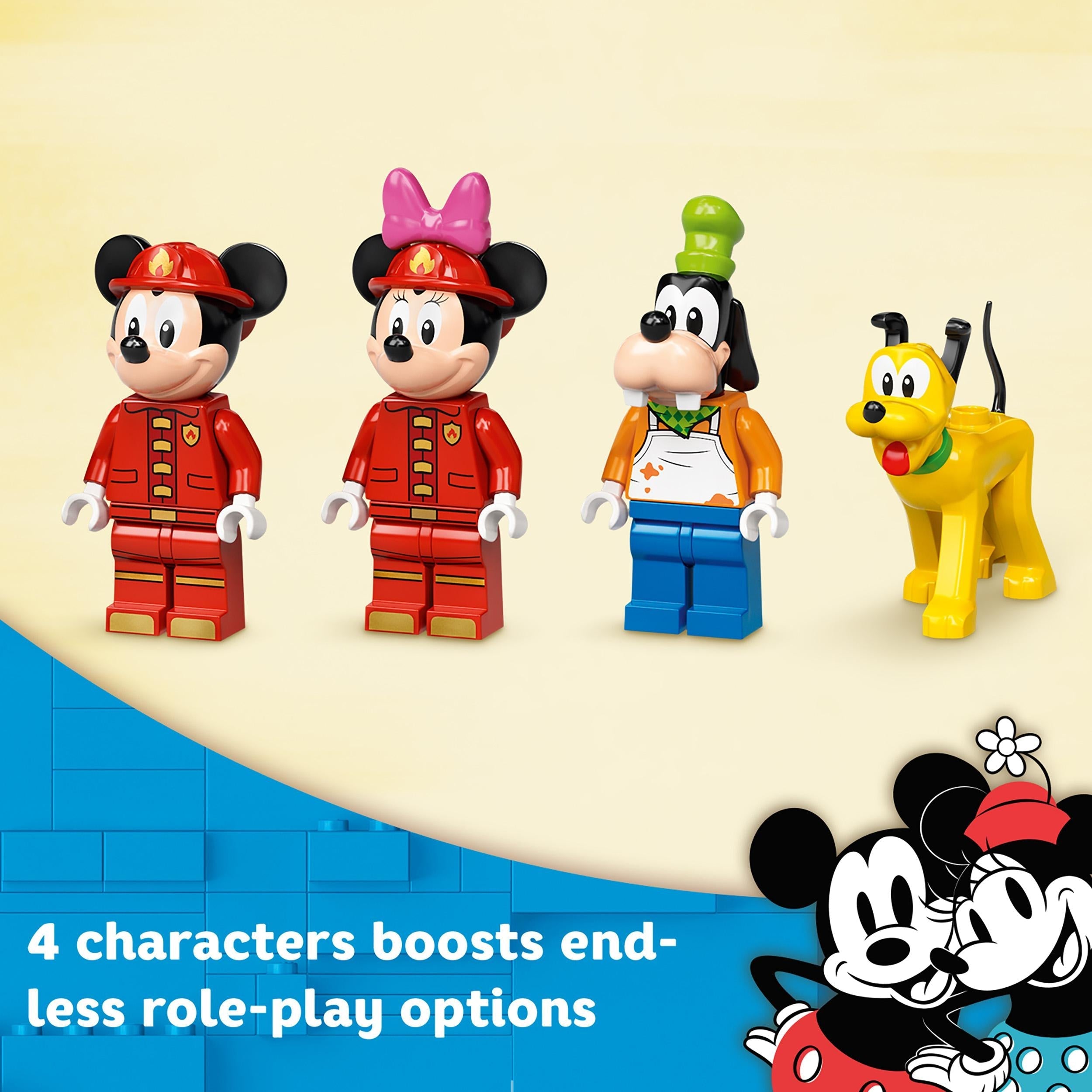 LEGO Disney Mickey Mouse fire station set with 4 characters for endless role-play fun.