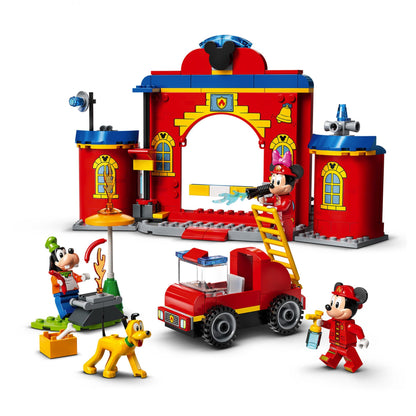 LEGO Disney Mickey Mouse Fire Engine & Station 10776 with minifigures and dog, perfect for inspiring kids' creativity.