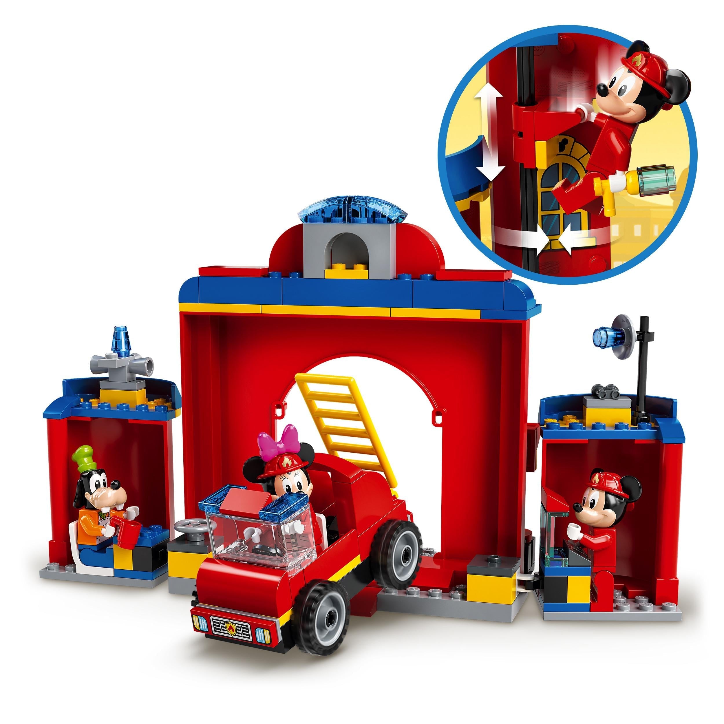 LEGO Disney Mickey Mouse Fire Engine & Station 10776 set with minifigures and dog, featuring a fire station and ladder.