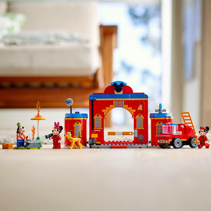 LEGO Disney Mickey Mouse Fire Engine and Station 10776 with minifigures and dog on display.