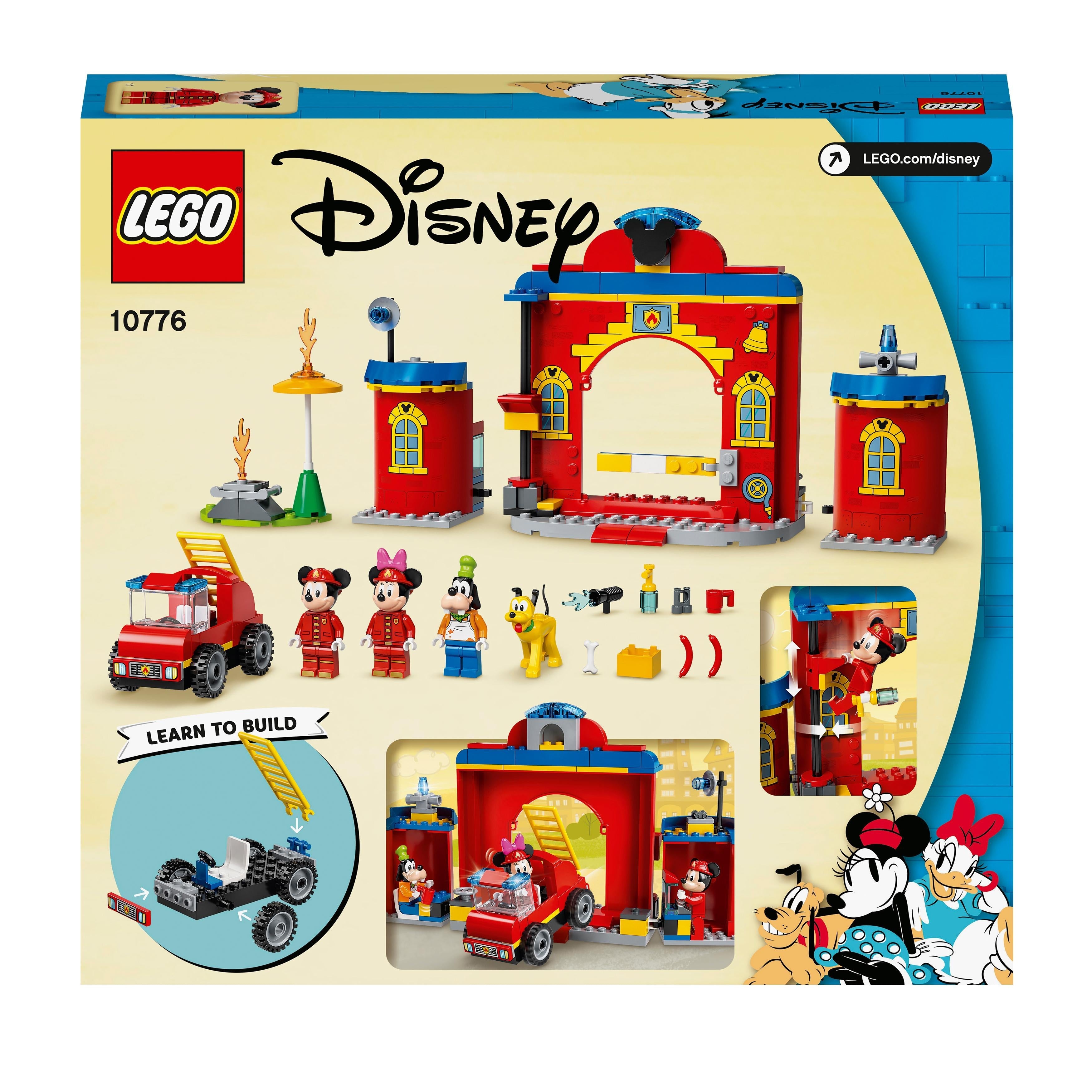 LEGO Disney Mickey Mouse Fire Engine & Station 10776 set with fire station, fire engine, and minifigures for kids.
