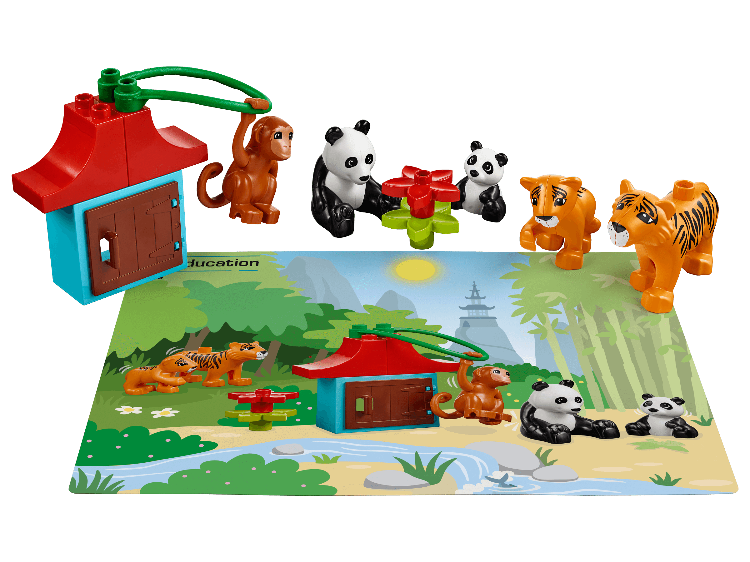LEGO® Education Animals 45029 set with colorful DUPLO® animal figures and habitat playmat for preschool learning.