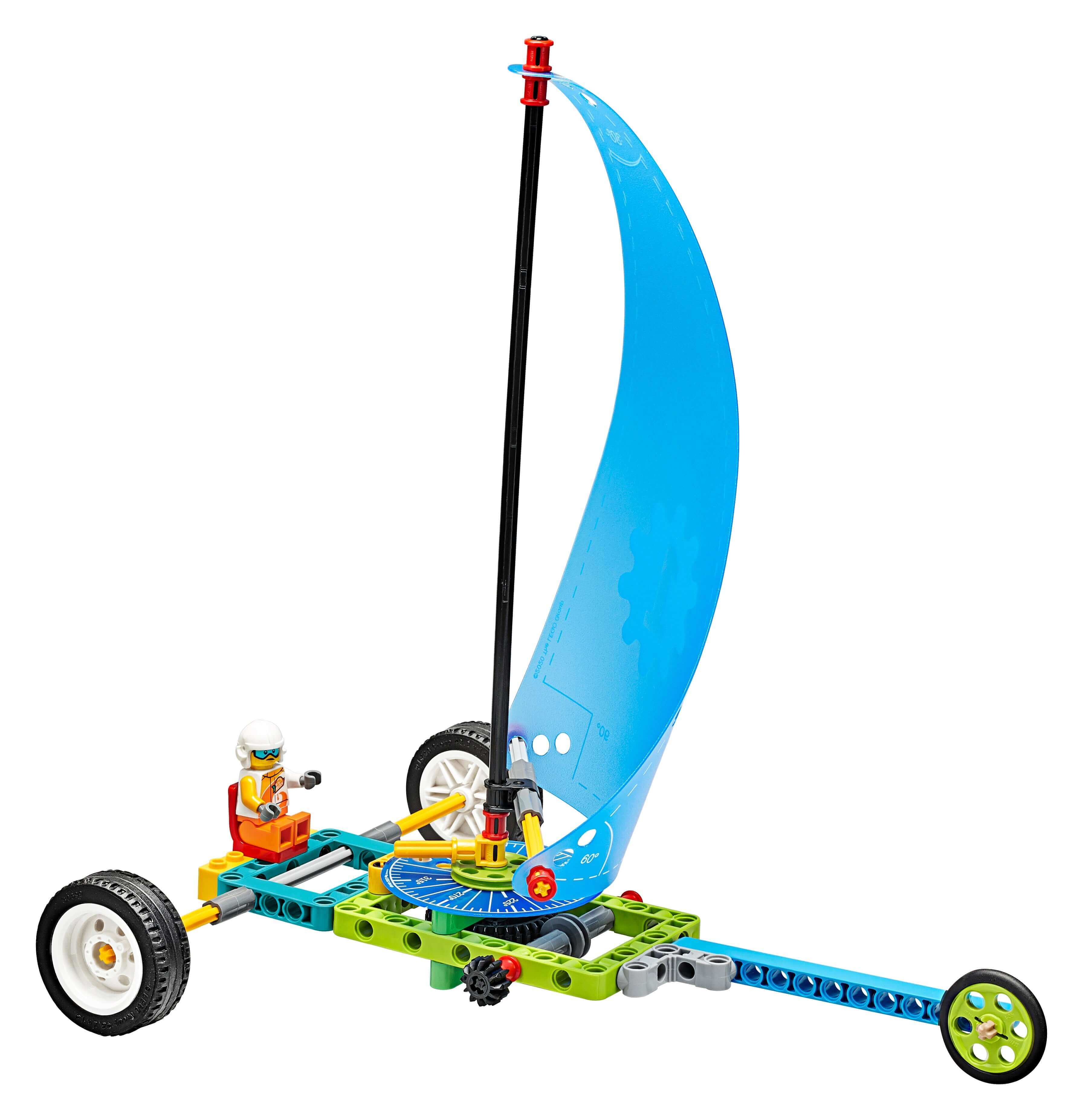 LEGO Education BricQ Motion Prime Set model demonstrating forces and motion with a sail on a wheeled base.