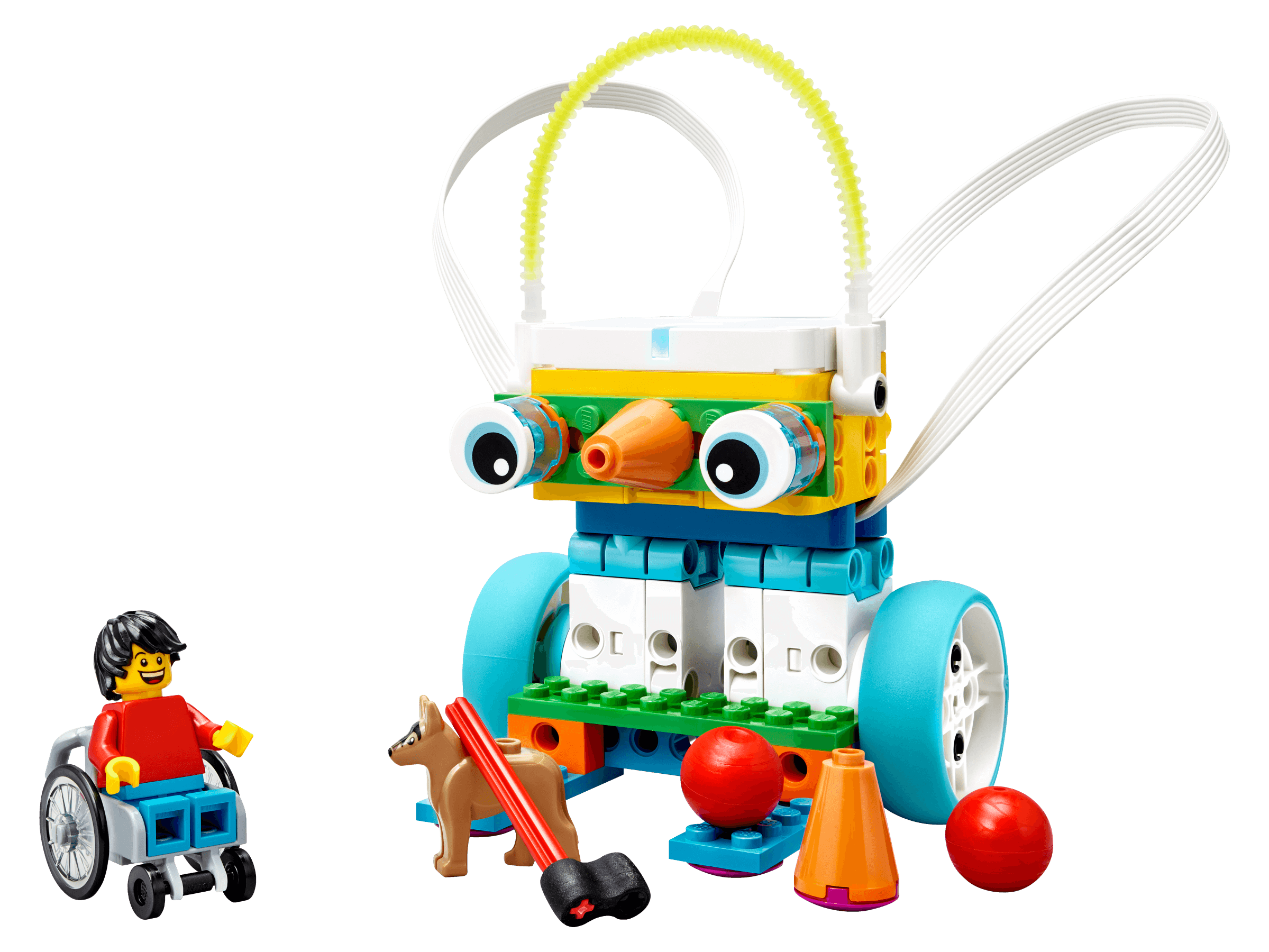 LEGO Education SPIKE Essential Set 45345 with colorful robot and child in wheelchair, promoting STEAM learning.
