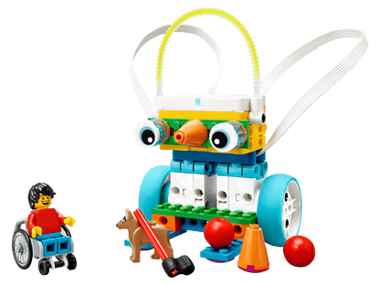 LEGO Education SPIKE Essential Set 45345 with colorful robot and child in wheelchair, promoting STEAM learning.