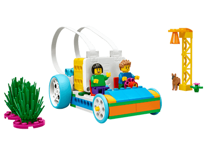 LEGO Education SPIKE Essential Set 45345 with car model, students, and learning accessories for STEAM education.