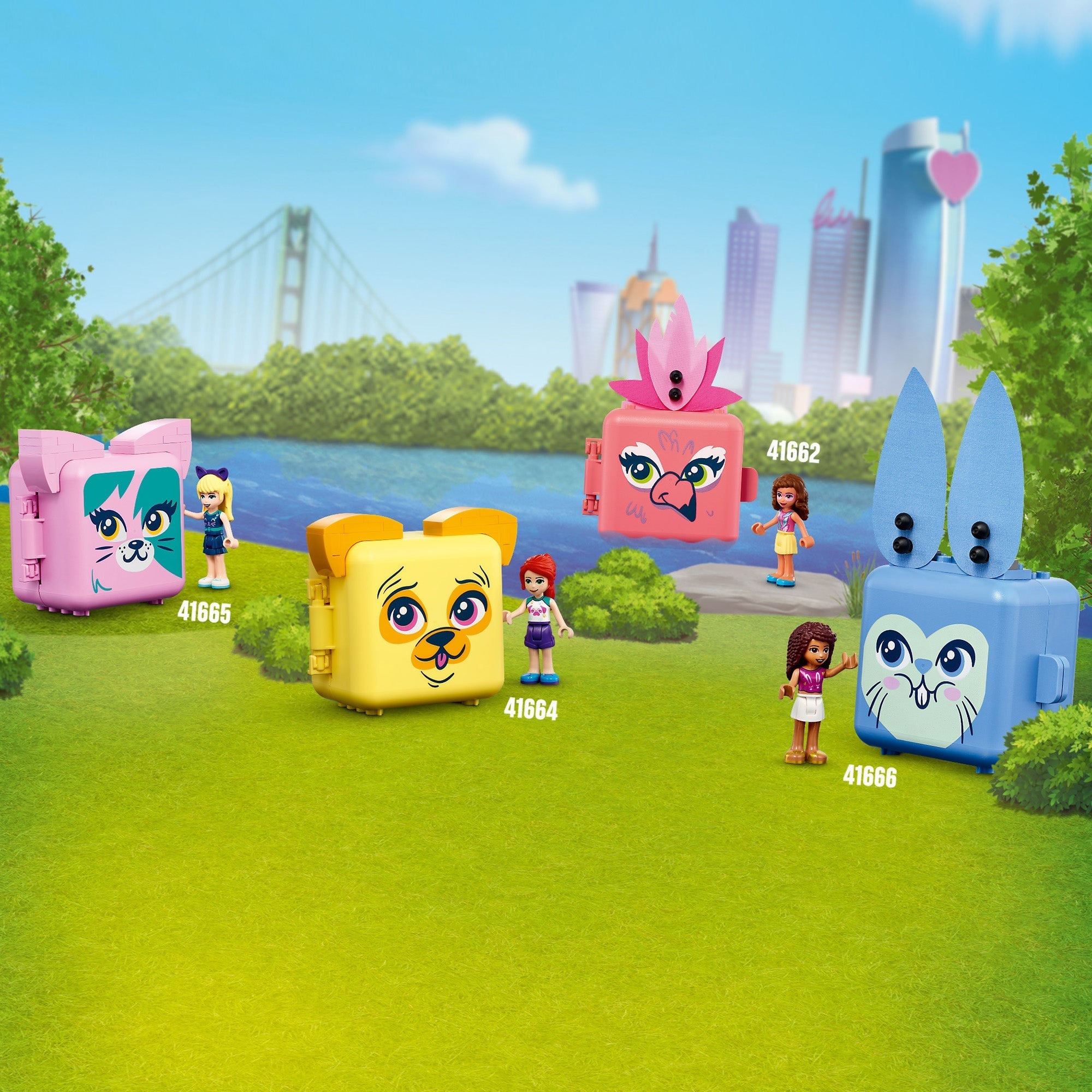 LEGO® Friends puppy-themed travel playsets with colorful cubes and mini dolls in a vibrant park setting.