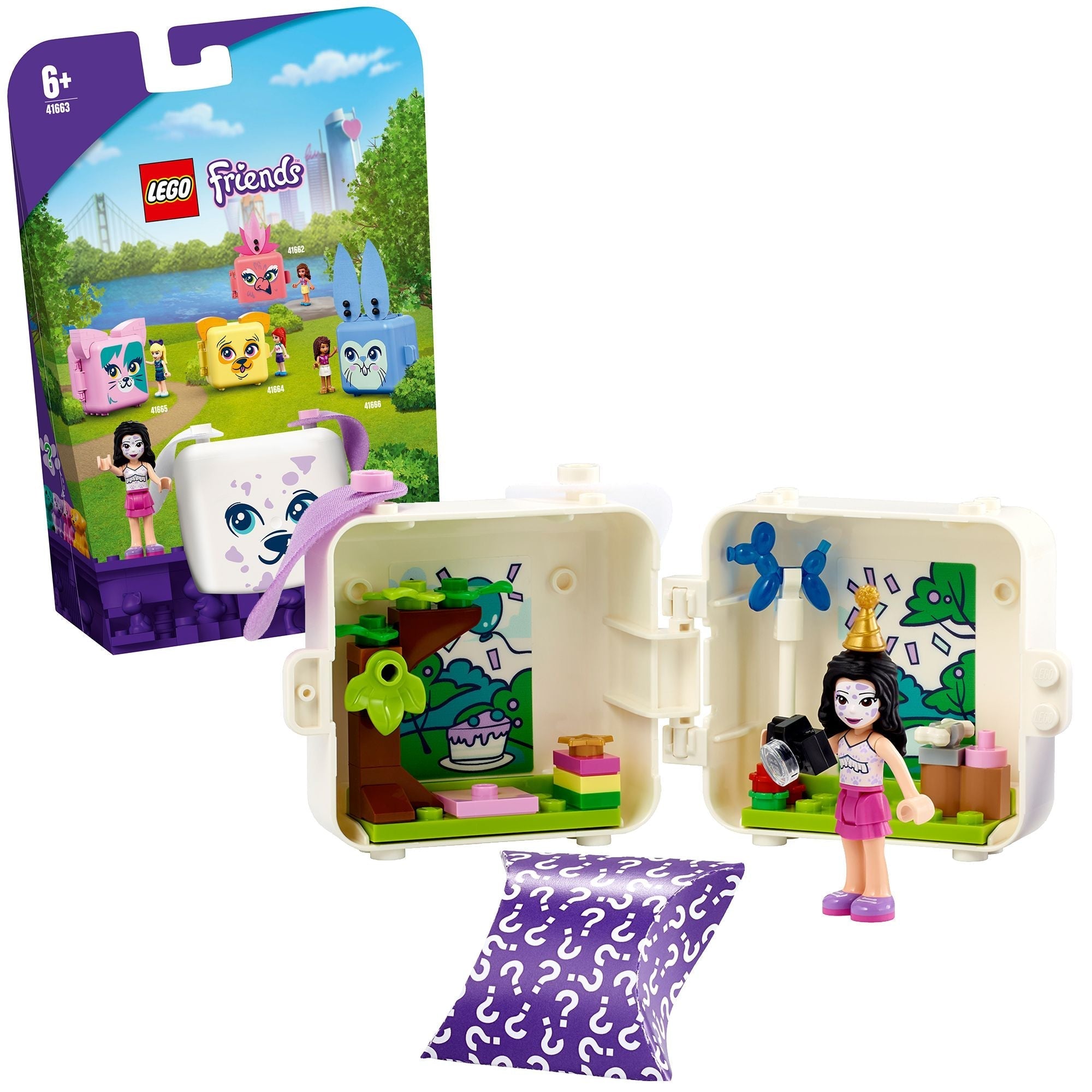 LEGO Friends Emma's Dalmatian Cube Playset 41663, featuring a cute puppy travel set for kids aged 6 and up.