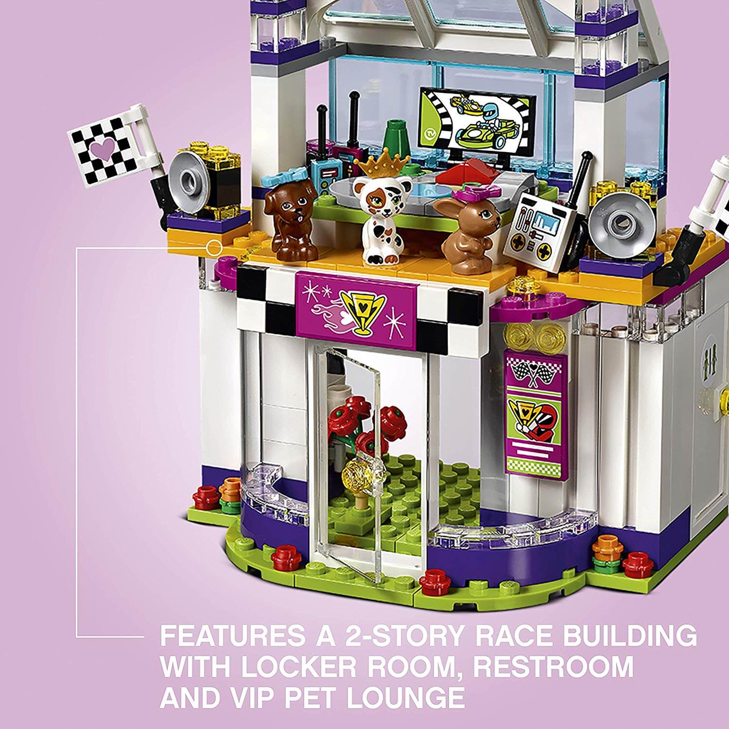 LEGO® Friends 41352 2-story race building with locker room, restroom, and VIP pet lounge features for race day.