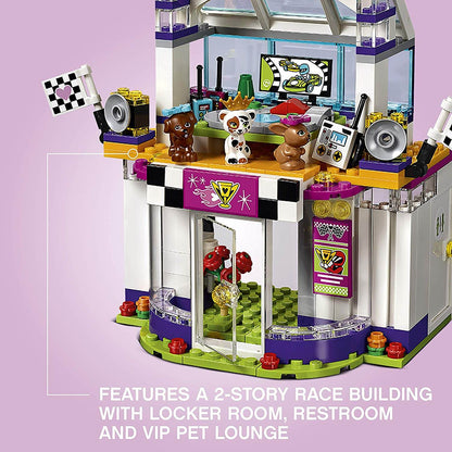 LEGO® Friends 41352 2-story race building with locker room, restroom, and VIP pet lounge features for race day.