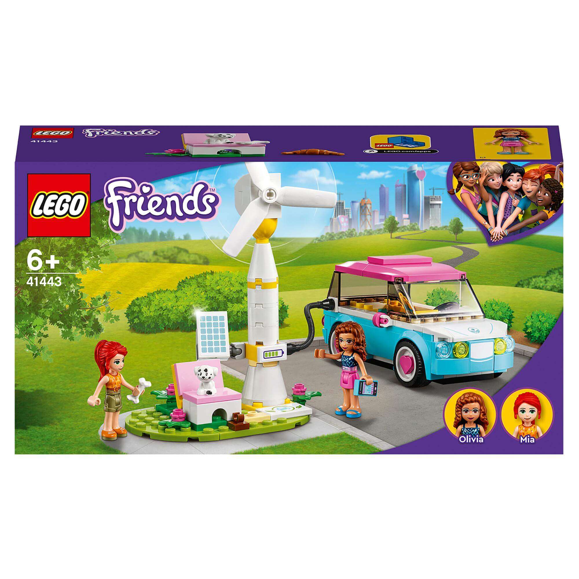 LEGO Friends Olivia's Electric Car Toy 41443 with a charging station and characters Olivia and Mia.
