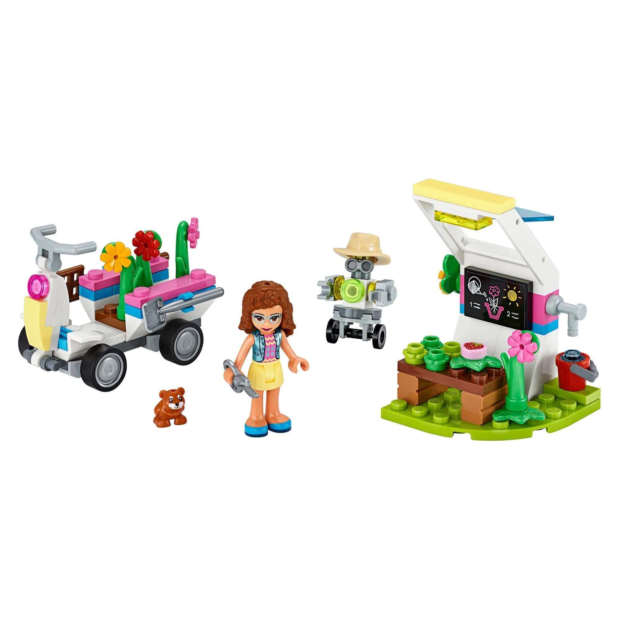 LEGO® Friends Olivia's Flower Garden Play Set 41425 with greenhouse, vehicle, plants, accessories, and character mini-dolls.