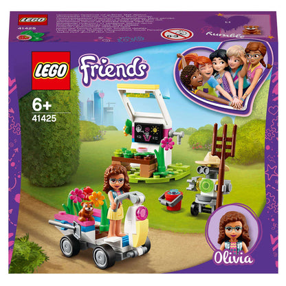 LEGO Friends Olivia's Flower Garden Play Set 41425 featuring Olivia, a garden vehicle, greenhouse, and fun accessories.