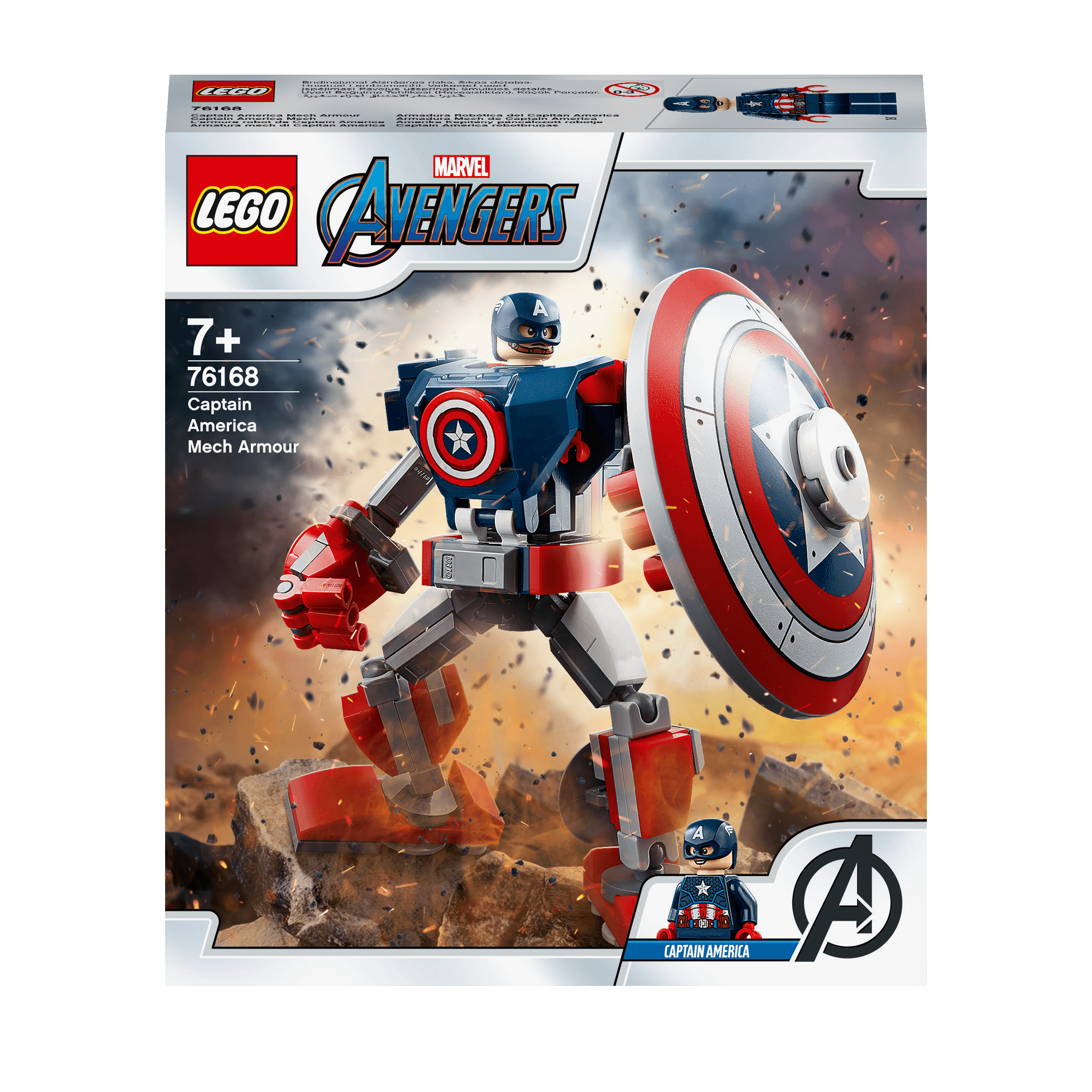 LEGO Marvel Avengers Captain America Mech Toy 76168 with movable limbs, detachable shield, and minifigure.