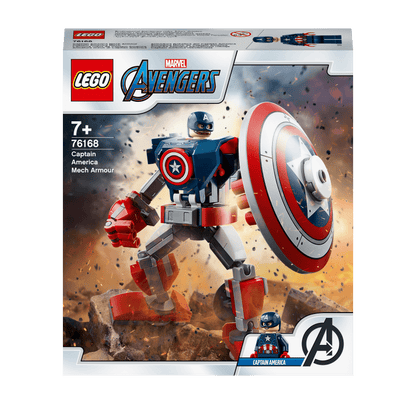 LEGO Marvel Avengers Captain America Mech Toy 76168 with movable limbs, detachable shield, and minifigure.