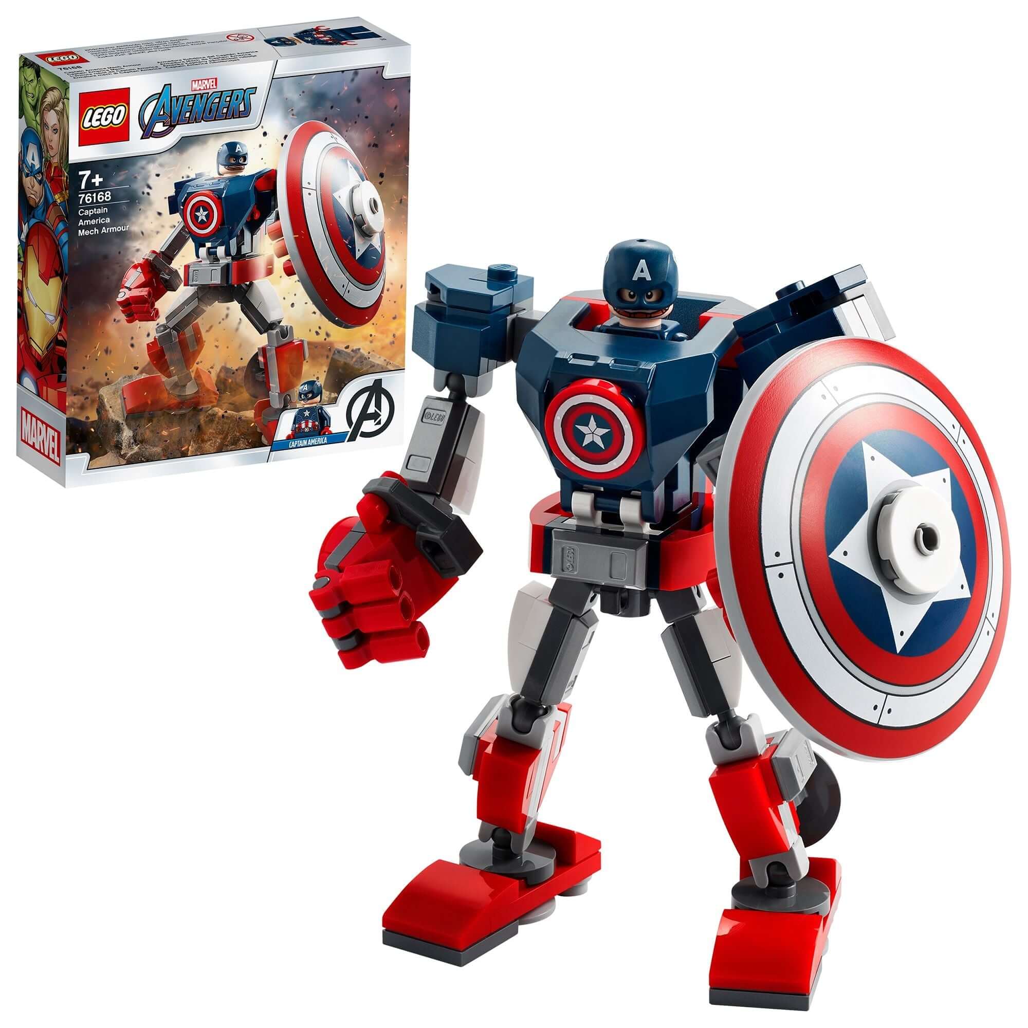 LEGO Marvel Avengers Captain America Mech Toy 76168 with movable limbs, shield, and minifigure, perfect for kids.