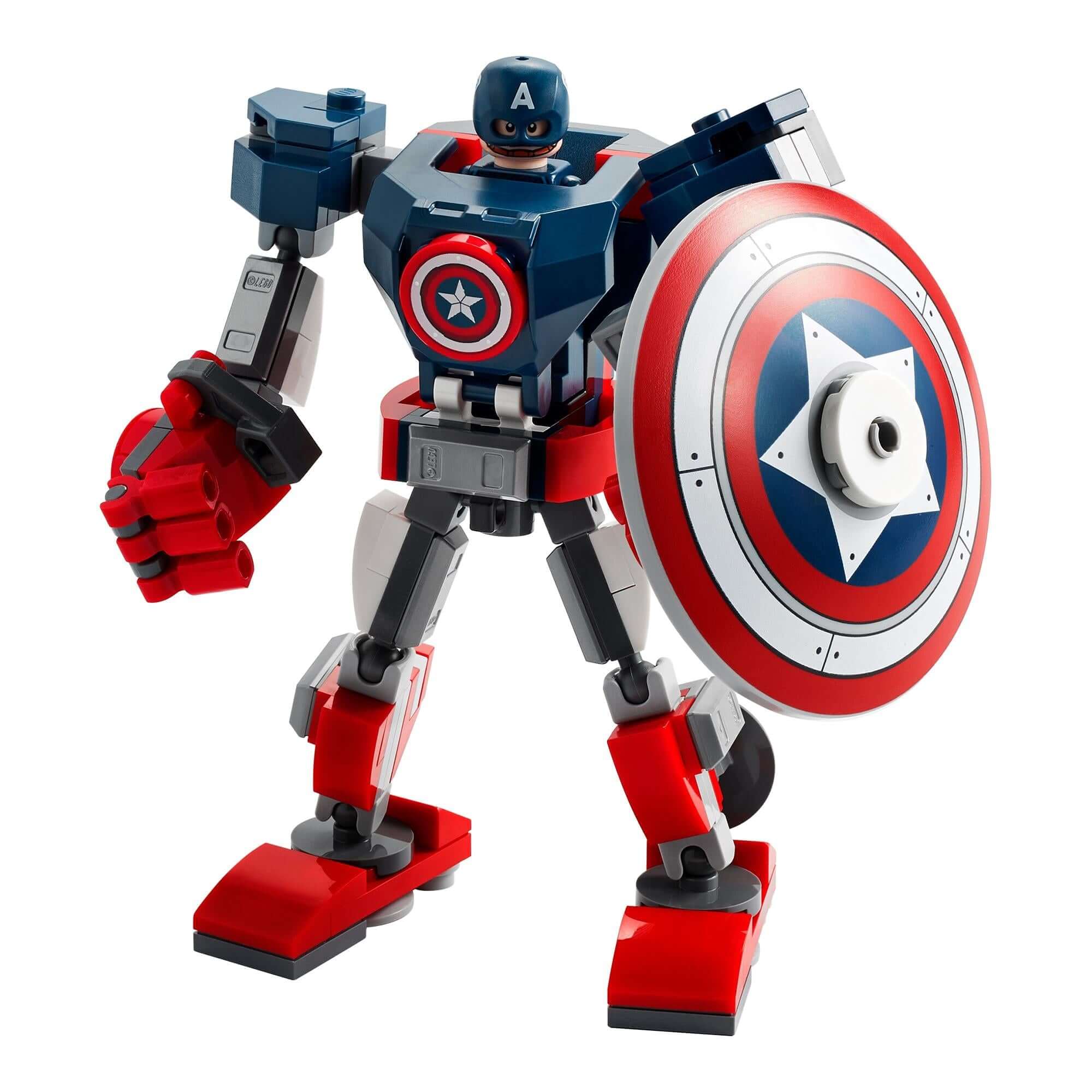 LEGO Marvel Avengers Captain America mech toy with movable limbs and detachable shield for kids.