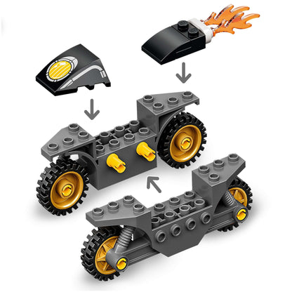 LEGO Marvel Captain America's motorcycle assembly with parts and flames, perfect for superhero action.