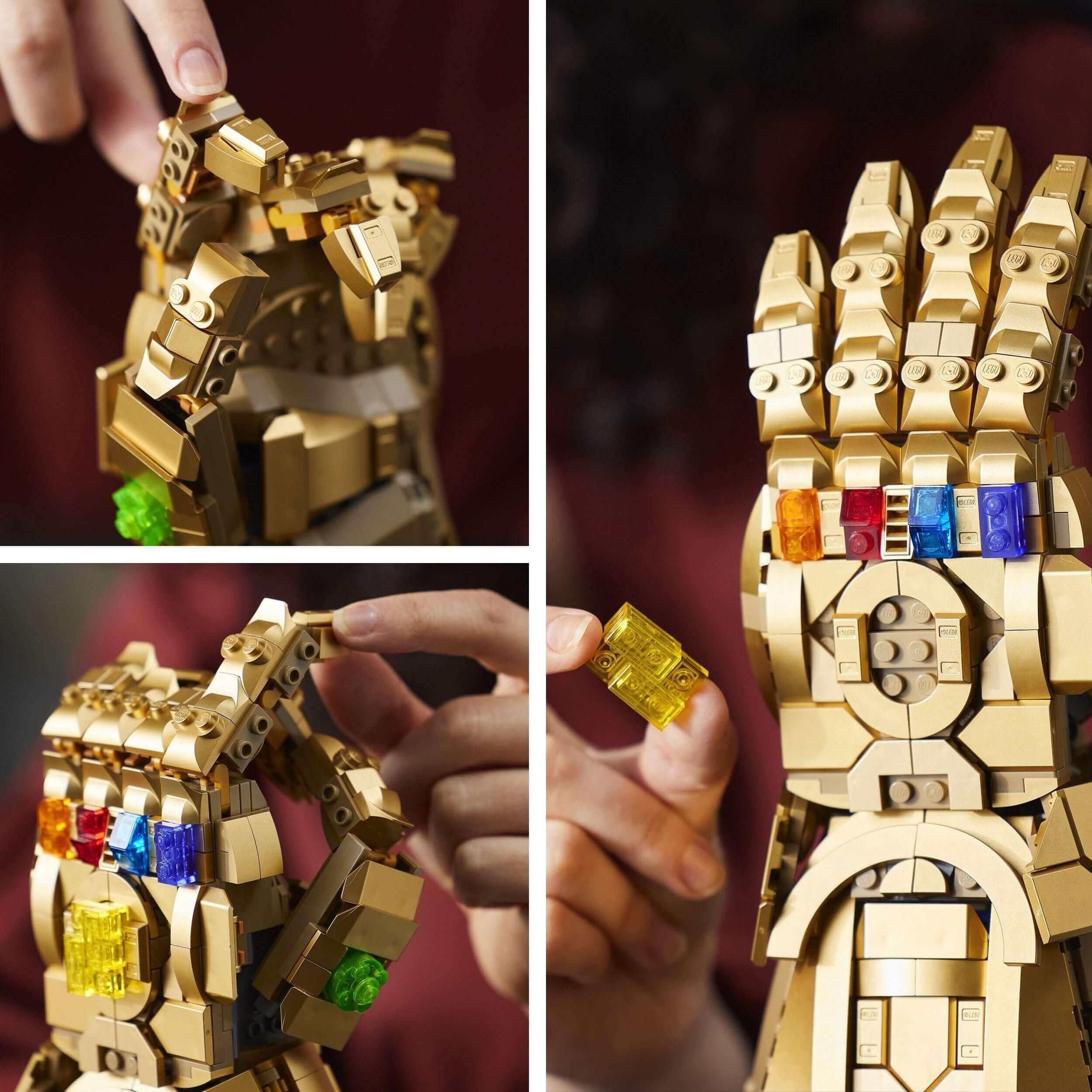 LEGO® Marvel Infinity Gauntlet Thanos Set 76191 showcasing movable fingers and Infinity Stones for Marvel fans.