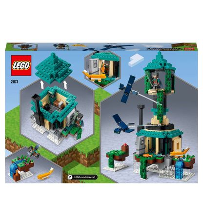 LEGO Minecraft The Sky Tower Set 21173 showcasing a reconfigurable build with a vibrant green roof and sky-themed elements.