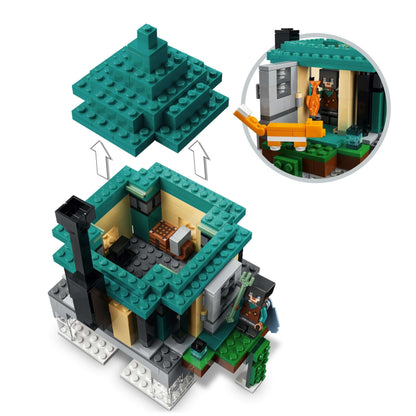 LEGO Minecraft The Sky Tower set 21173 featuring a detailed sky building with removable roof and interior elements.