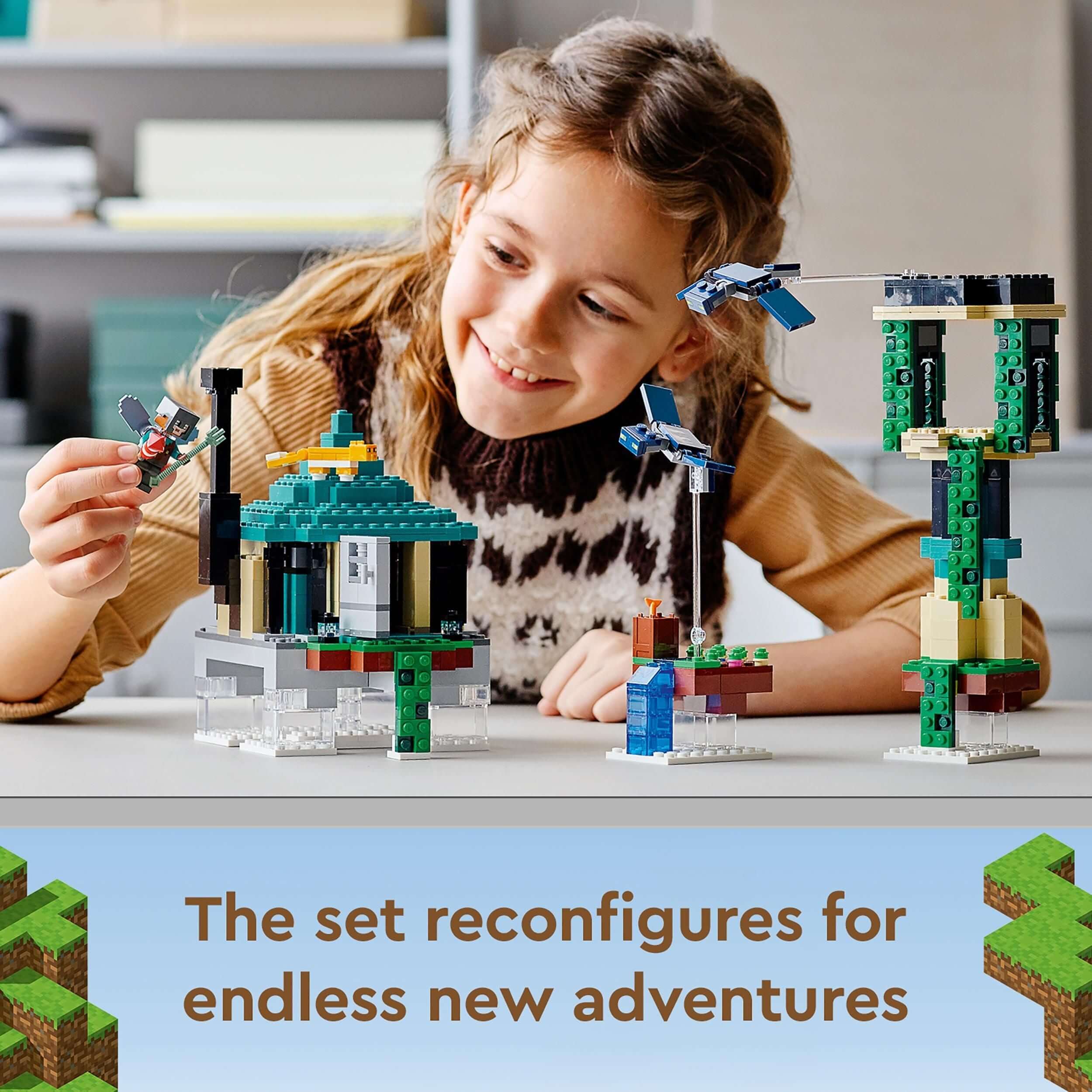 Girl building with LEGO® Minecraft Sky Tower set, showcasing creative play and endless adventures.