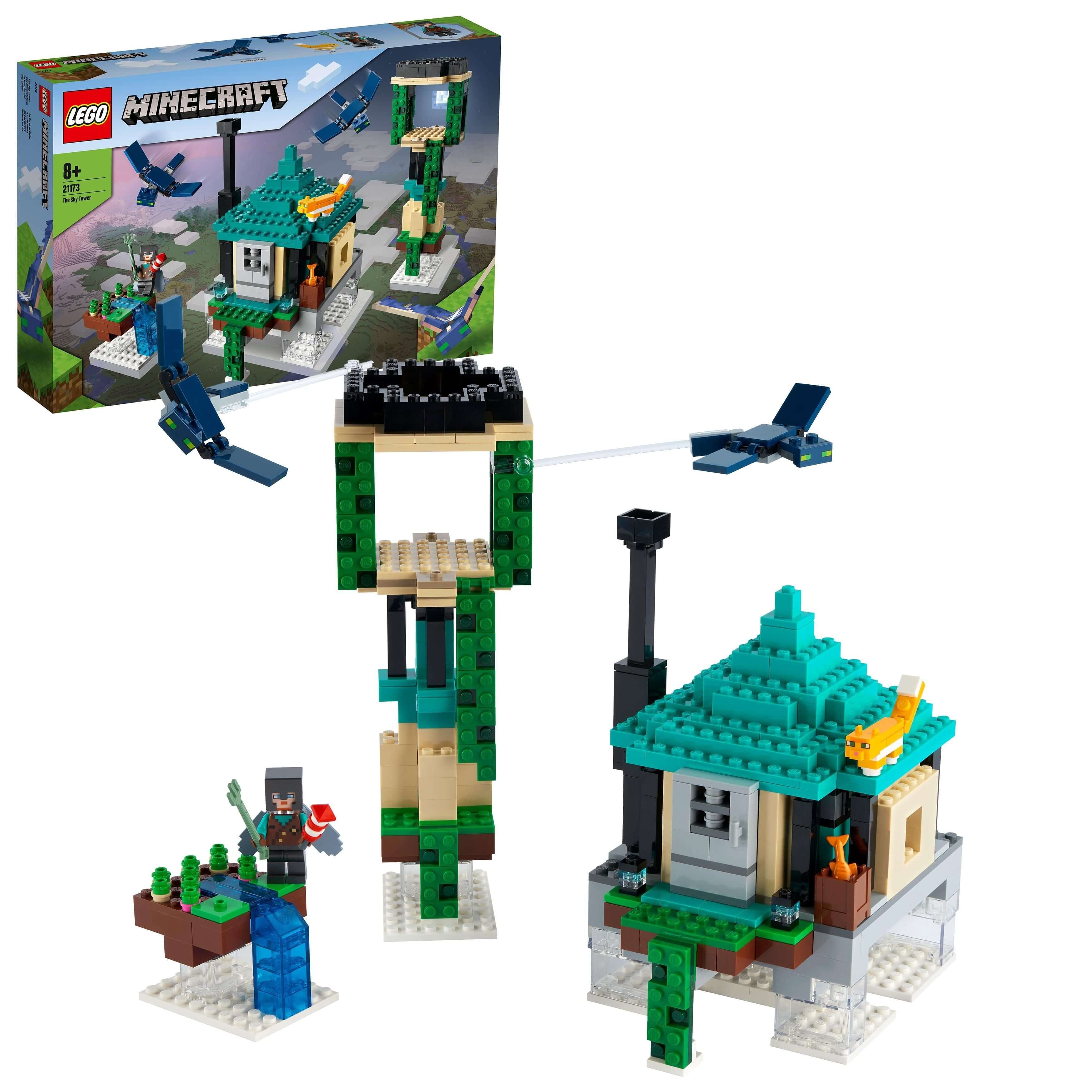 LEGO Minecraft The Sky Tower Building Set 21173 featuring reconfigurable buildings and diverse environments for kids.