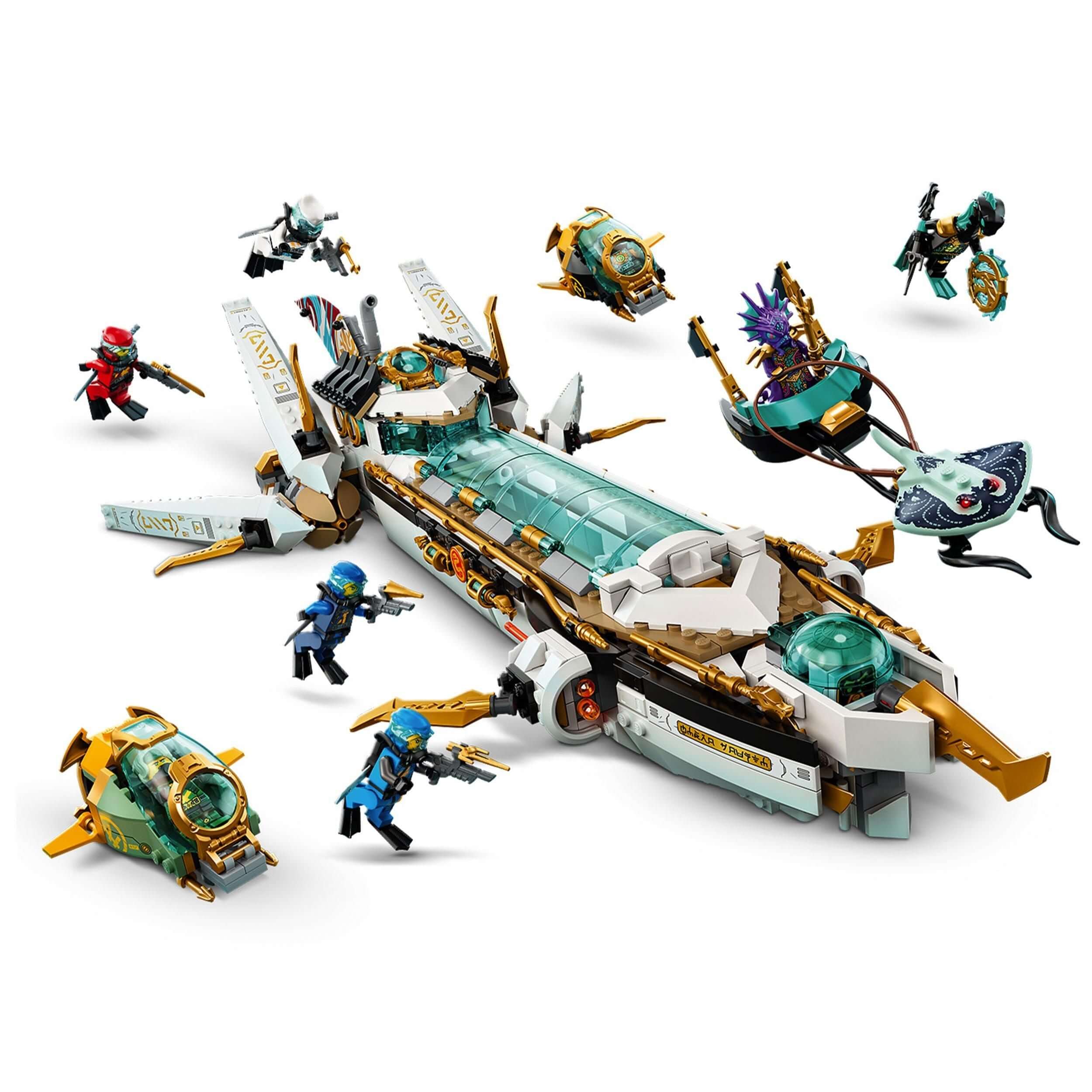 LEGO NINJAGO Hydro Bounty Submarine Set 71756 with 10 minifigures for underwater battles.