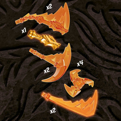 LEGO NINJAGO weapon accessories including axes and swords, perfect for Kai vs. Skulkin battles in set 71730.