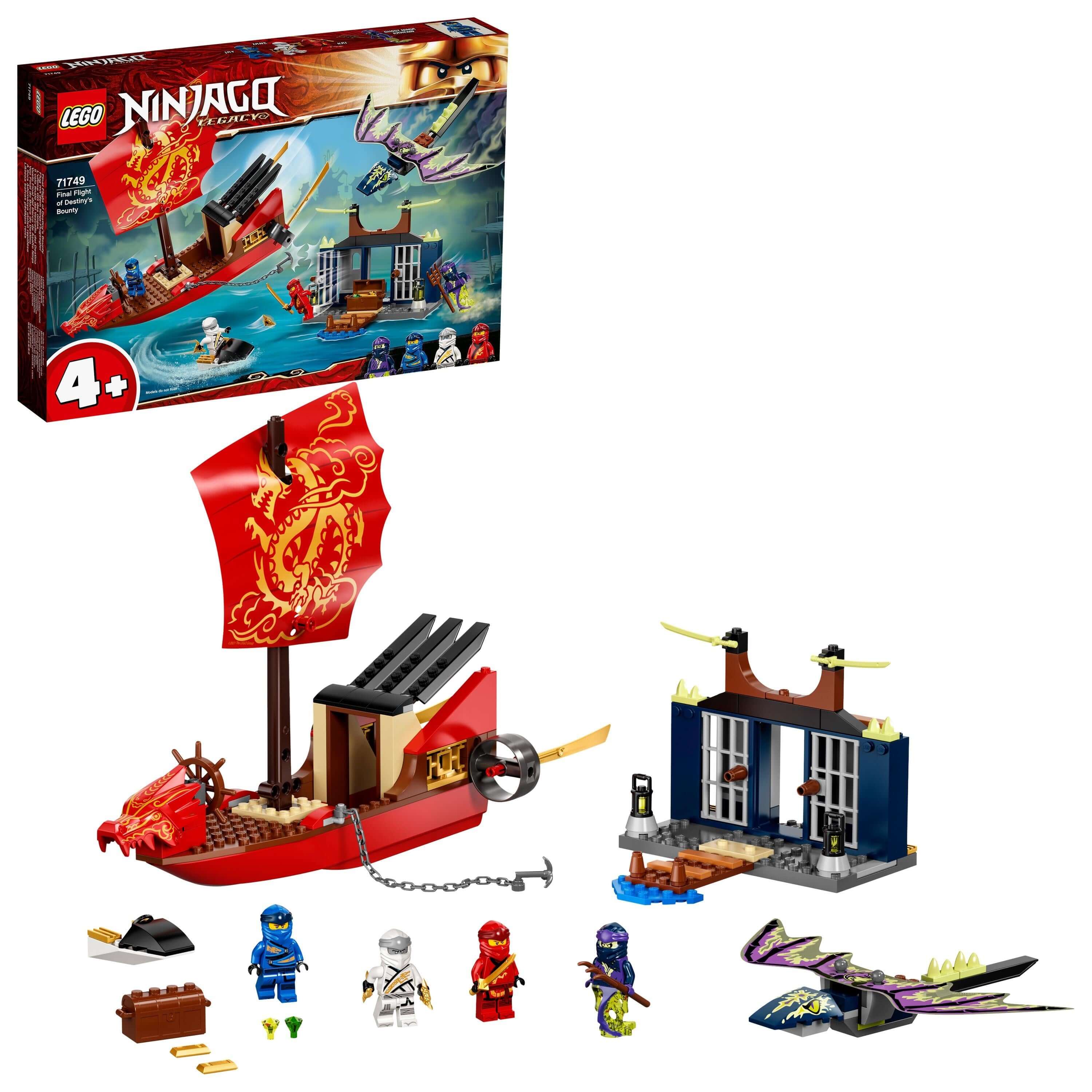 LEGO® NINJAGO Destiny's Bounty Ship Set 71749 with minifigures, jet ski, dragon toys, and prison island for kids.