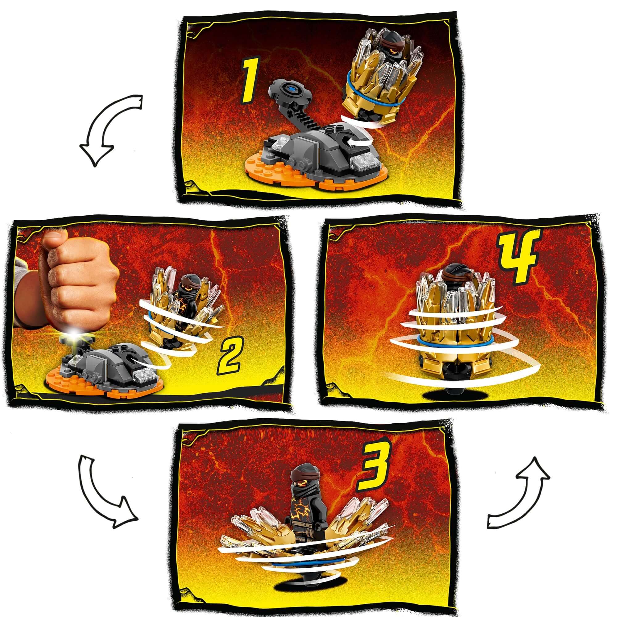 Instruction steps for LEGO® NINJAGO Spinjitzu Burst Cole Spinner Toy 70685 showing how to launch Cole.