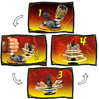 Instruction steps for LEGO® NINJAGO Spinjitzu Burst Cole Spinner Toy 70685 showing how to launch Cole.