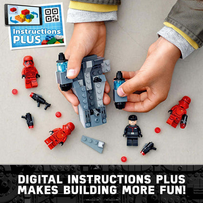 Hands assembling LEGO® Star Wars Sith Troopers Battle Pack with red troopers and digital instructions for fun building.