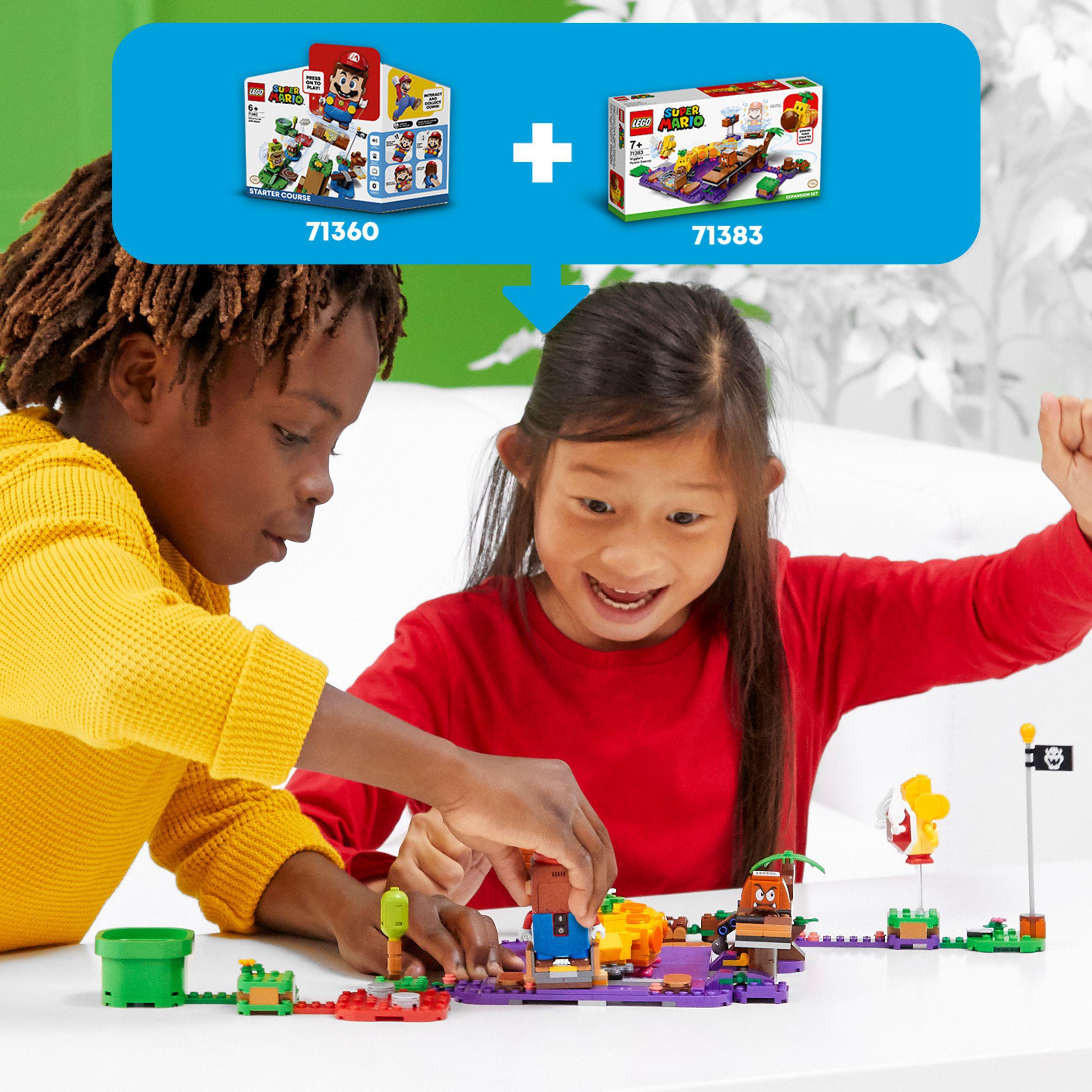 Kids engaging with LEGO® Super Mario Poison Swamp Expansion Set 71383 and Starter Course 71360, building fun adventures together.
