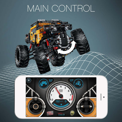 LEGO Technic 4x4 X-treme Off-Roader set with CONTROL+ app on smartphone displaying controls.