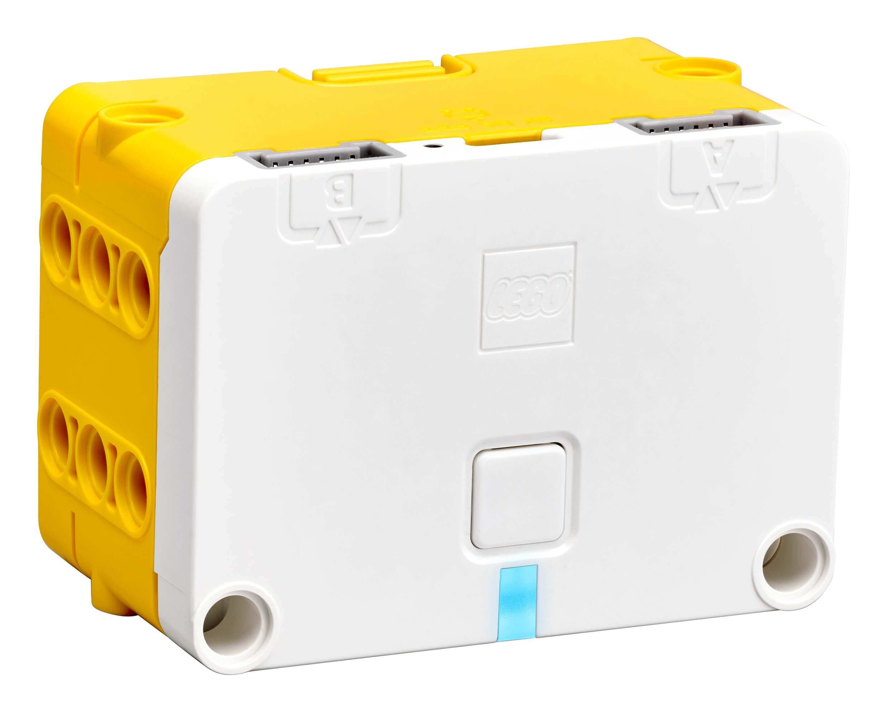 LEGO Technic Small Hub 45609 in white and yellow with I/O ports for motors and sensors.