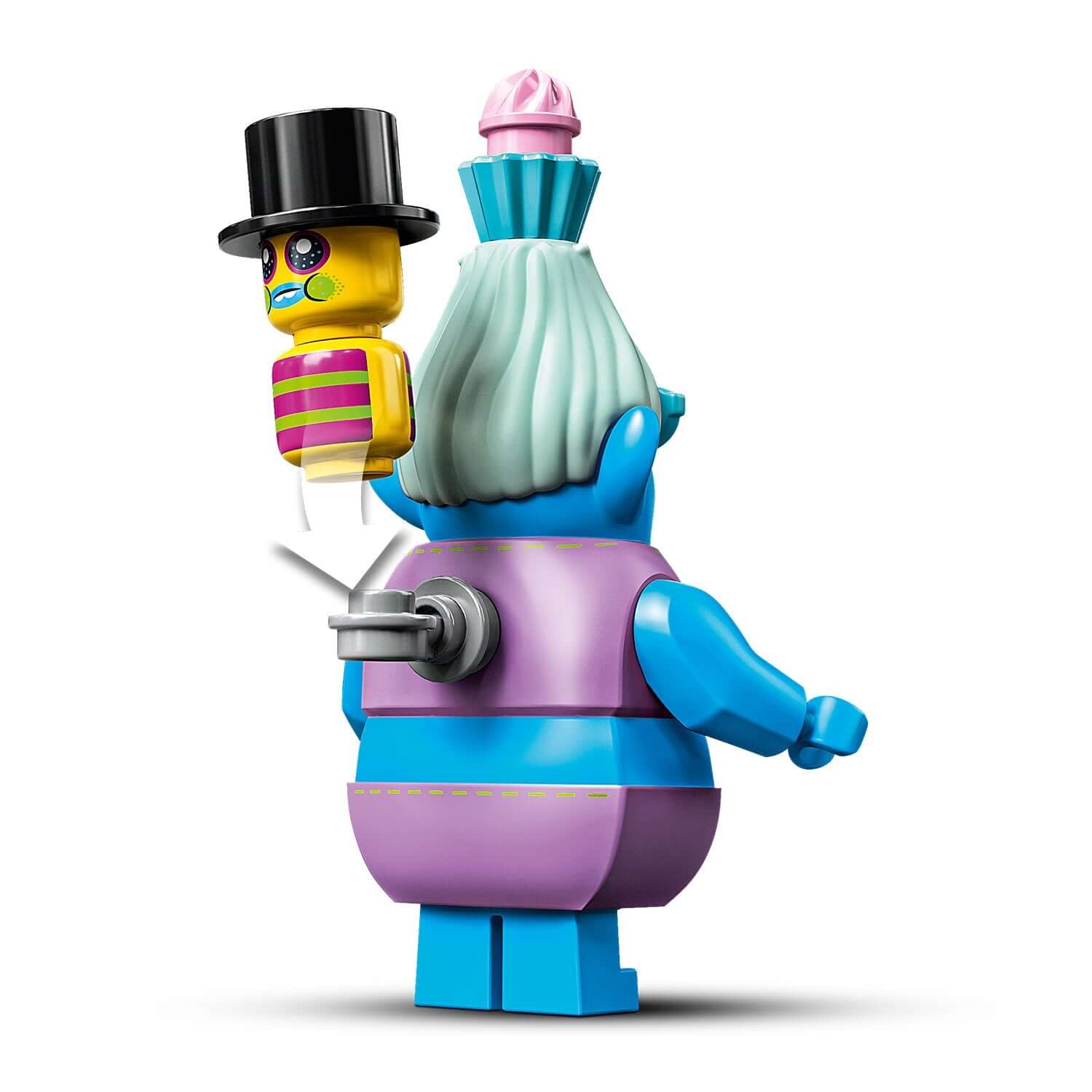 LEGO Trolls playset figure with a blue character holding a yellow puppet, showcasing vibrant details from the Trolls World Tour.