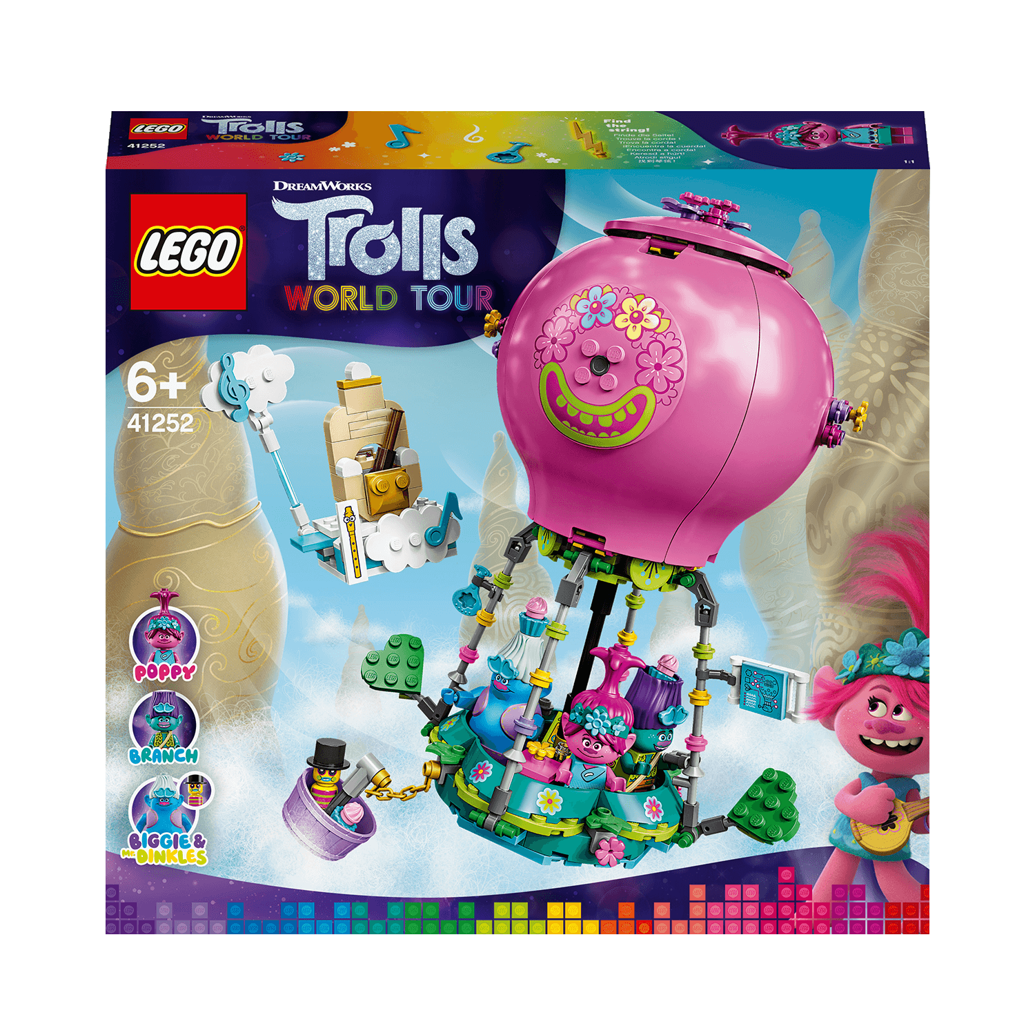 LEGO® Trolls Poppy’s Hot Air Balloon Playset 41252 features vibrant colors and key characters from the TROLLS WORLD TOUR movie.