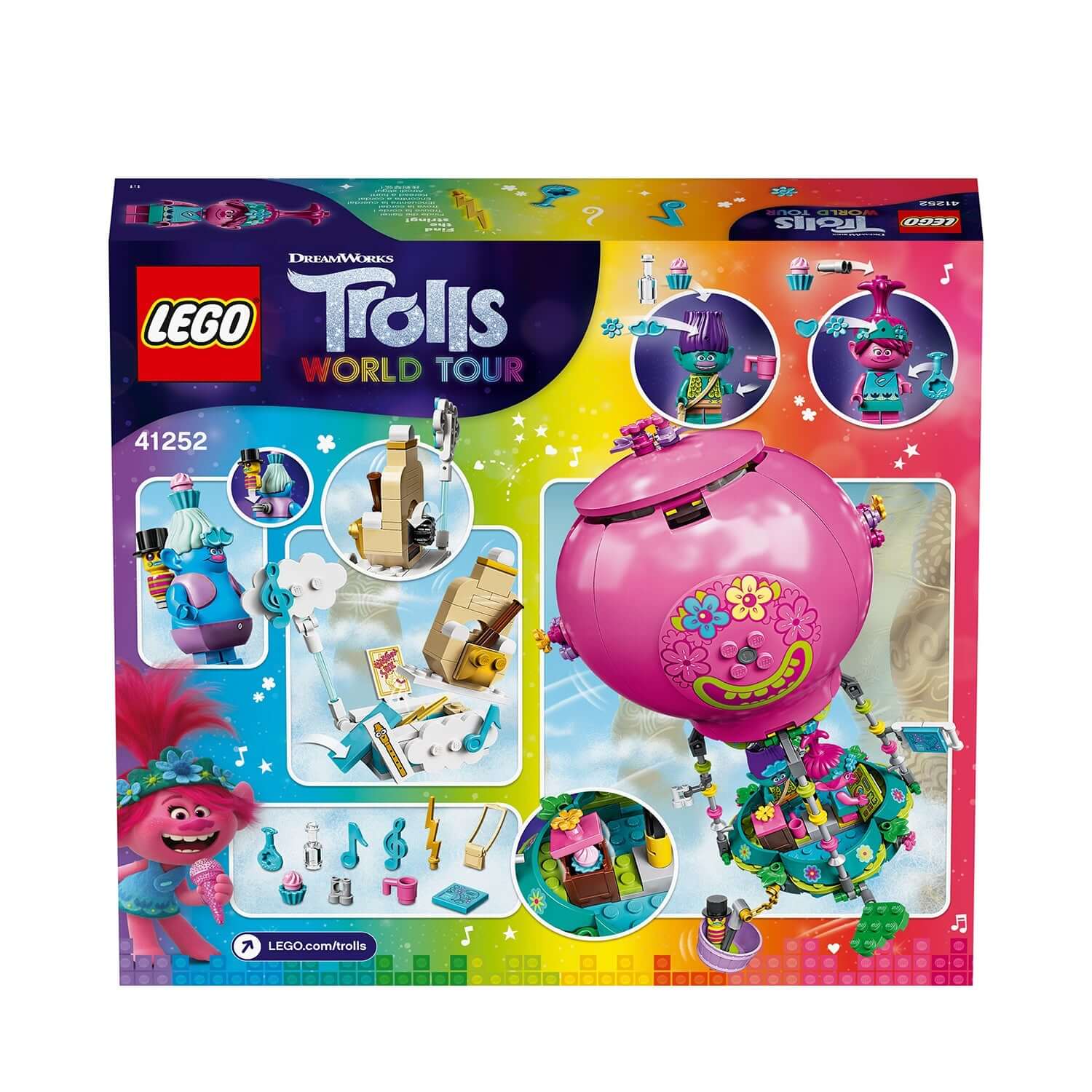 LEGO® Trolls Poppy’s Hot Air Balloon Playset 41252 packaging featuring colorful scenes and characters from the TROLLS WORLD TOUR movie.