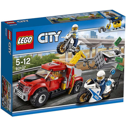 LEGO® City Police Tow Truck Trouble 60137 set with minifigures, tow truck, police bikes, and accessories.
