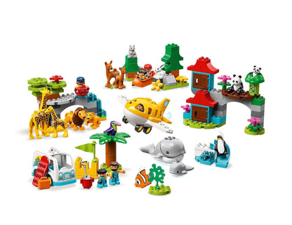 LEGO® DUPLO Town World Animals 10907 set featuring various animals, buildable environments, and playful accessories for toddlers.