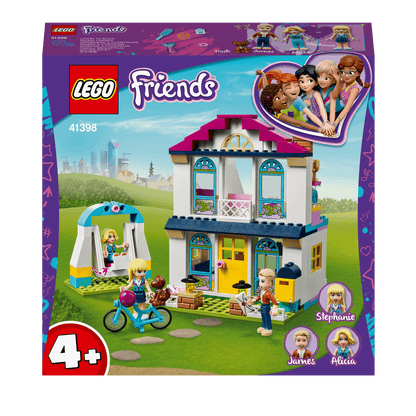 LEGO® Friends 4+ Stephanie's House Play Set 41398, featuring Stephanie, her family, and role-play scenes for kids.