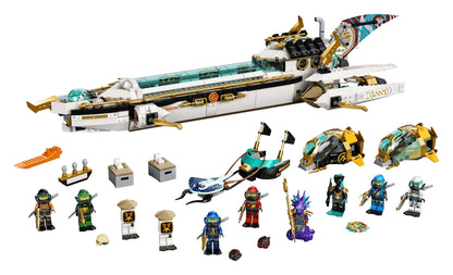 LEGO NINJAGO Hydro Bounty submarine set 71756 with 10 minifigures and accessories for underwater battles.